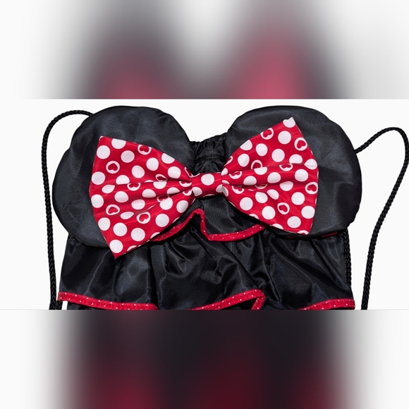 DisneyParks Minnie Mouse Ear/Red White Polka Dot Bow Ruffled Drawstring Backpack - Picture 4 of 15